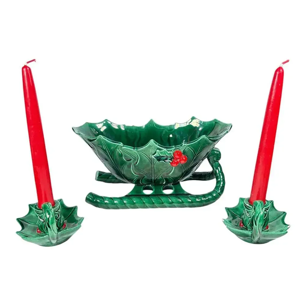 Vintage Lefton Green Holly Berry Ceramic Sleigh Candy Dish and Candle Holder Set